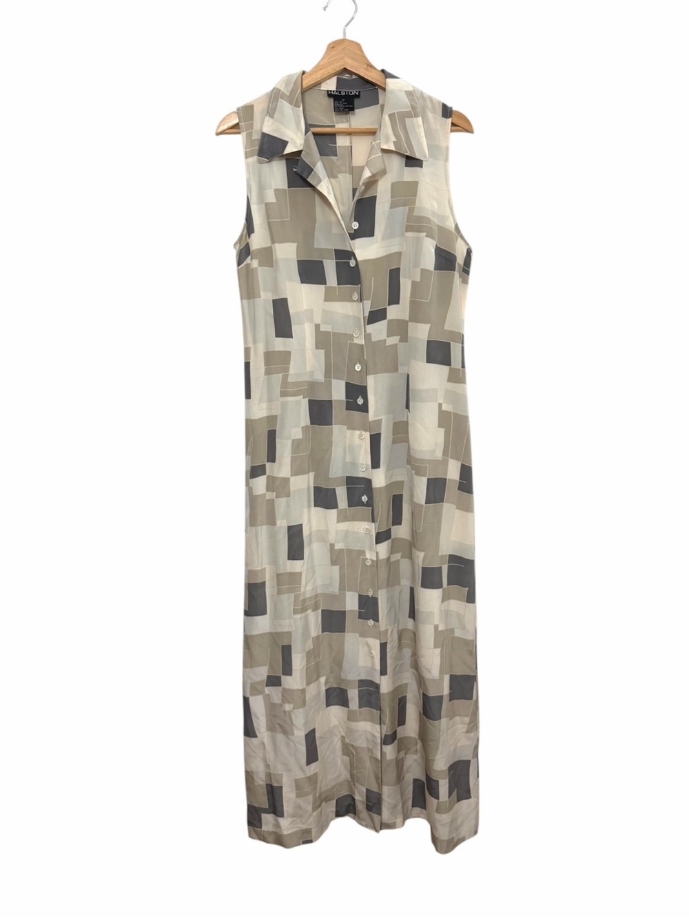 VTG 1999 Halston 100% Silk Geo Print Maxi Shirt Dress Neutral Minimalist